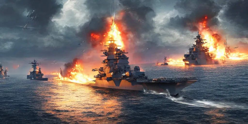 Prompt: a naval battle far away with battleships and submarines in the night with fire, high detail, high definition, photorealistic, 8k,