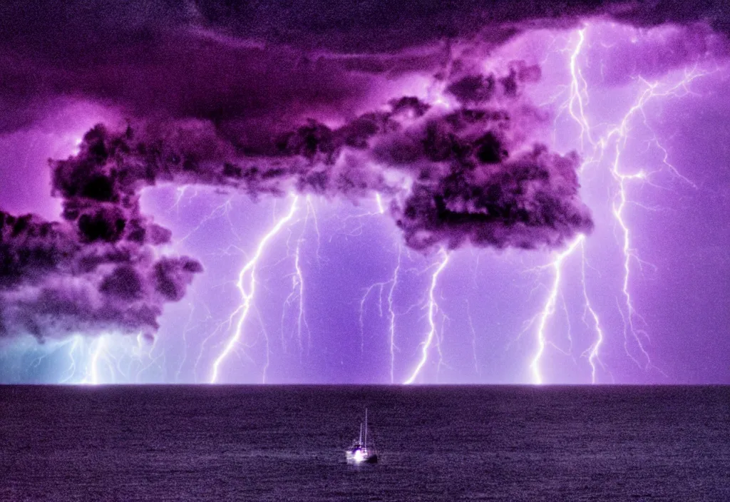 Image similar to purple color lighting storm with stormy sea,pirate ship firing its cannons with a water spout in the background. trippy nebula sky 50mm shot, fear and loathing movie