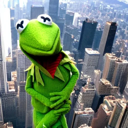 Prompt: kermit the frog scaling the empire state building like hong kong