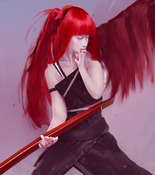 Image similar to a girl with red hair holding a katana, samurai outfit, japanese clothes, ponytail, action shot, highly detailed, digital painting, artstation, concept art, smooth, sharp focus, illustration