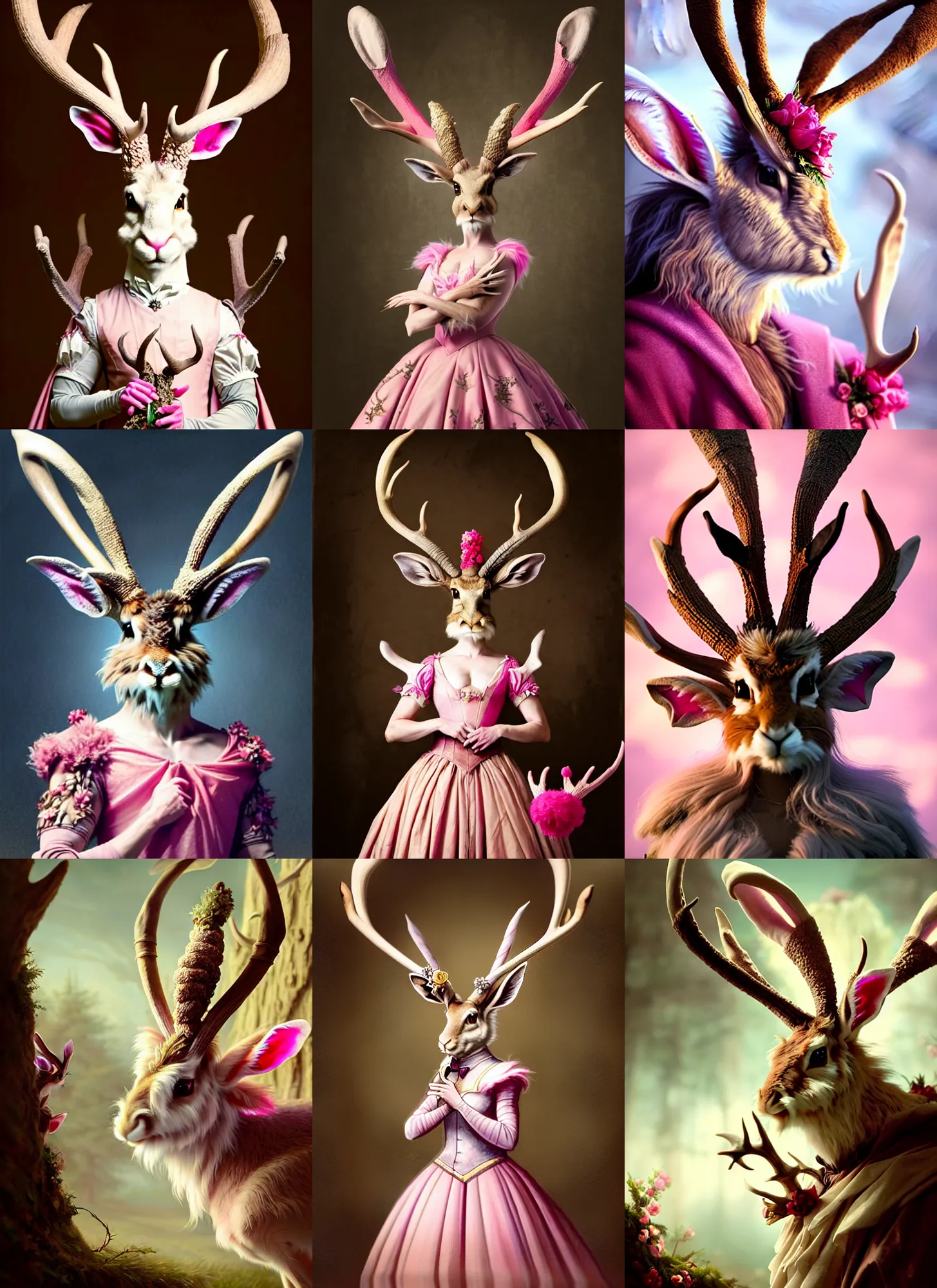 Image similar to a beautiful closeup shot from a fantasy film of a humanoid jackalope wearing a pink ballgown, anthropomorphic jackalope with antlers, full body portrait, joseph ducreux, greg rutkowski.