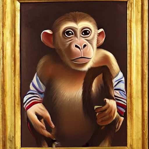 Prompt: portrait of a monkey holding a camera, oil painting
