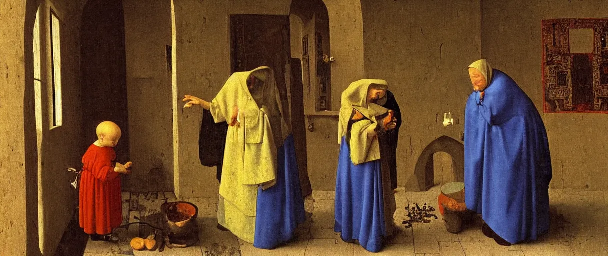 Prompt: A medieval old woman healer treats a boy with herbs, medieval painting by Jan van Eyck, Johannes Vermeer, H 700