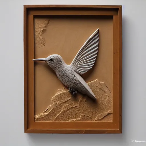 Prompt: intricate hummingbird carved from sandstone, photograph, studio lighting