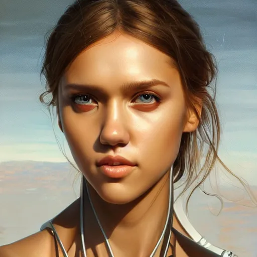 Prompt: oil paining of robotic humanoid ( white jessica alba ), intricate mechanisms, highly detailed, professional digital painting, unreal engine 5, photorealism, hd quality, 8 k resolution, cinema 4 d, 3 d, cinematic, professional photography, art by artgerm and greg rutkowski and alphonse mucha and loish and wlop
