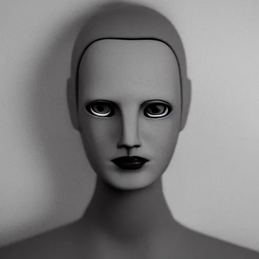Prompt: A mannequin-esque figure with white glowing eyes, in a pitch black room, staring!!!!! into the camera, black!!!!! background, creepy atmosphere, eerie art style, photorealistic facial features, close-up!!!!!, macro image!!!!!, trending on artstation, 4k, 8k