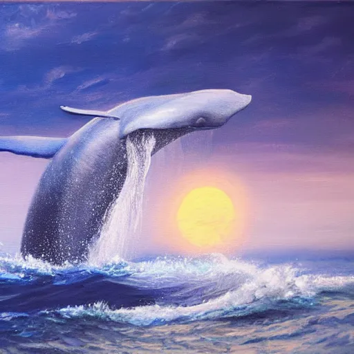 Prompt: a blue whale jumping in a storm in the ocean, full moon, blue light, oil painting