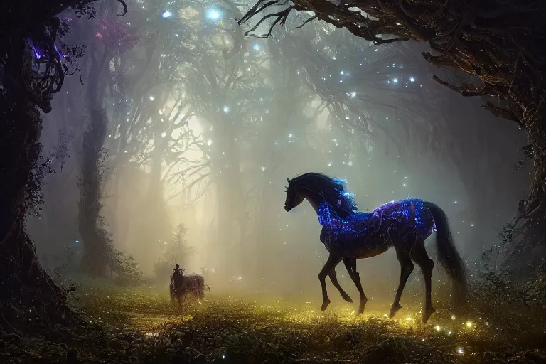 Prompt: a stunning horse made of stardust with a thick mane of bioluminescent vines and flowers running through the woods by greg rutkowski, high key lighting, volumetric light, digital art, highly detailed, fine detail, intricate, ornate, complex, octane render, unreal engine, photorealistic