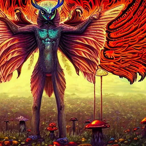 Image similar to A centered chest up portrait of a psychedelic godlike mothman with giant mandala wings smoking a hand-rolled cigarette smoking heavily , magic mushroom village in background , post-processing , award winning. superb resolution. in the art style of junji Ito and greg rutkowski . Detailed Mushroom city in background. Hyper realistic anime. Perfect art. Dalle2