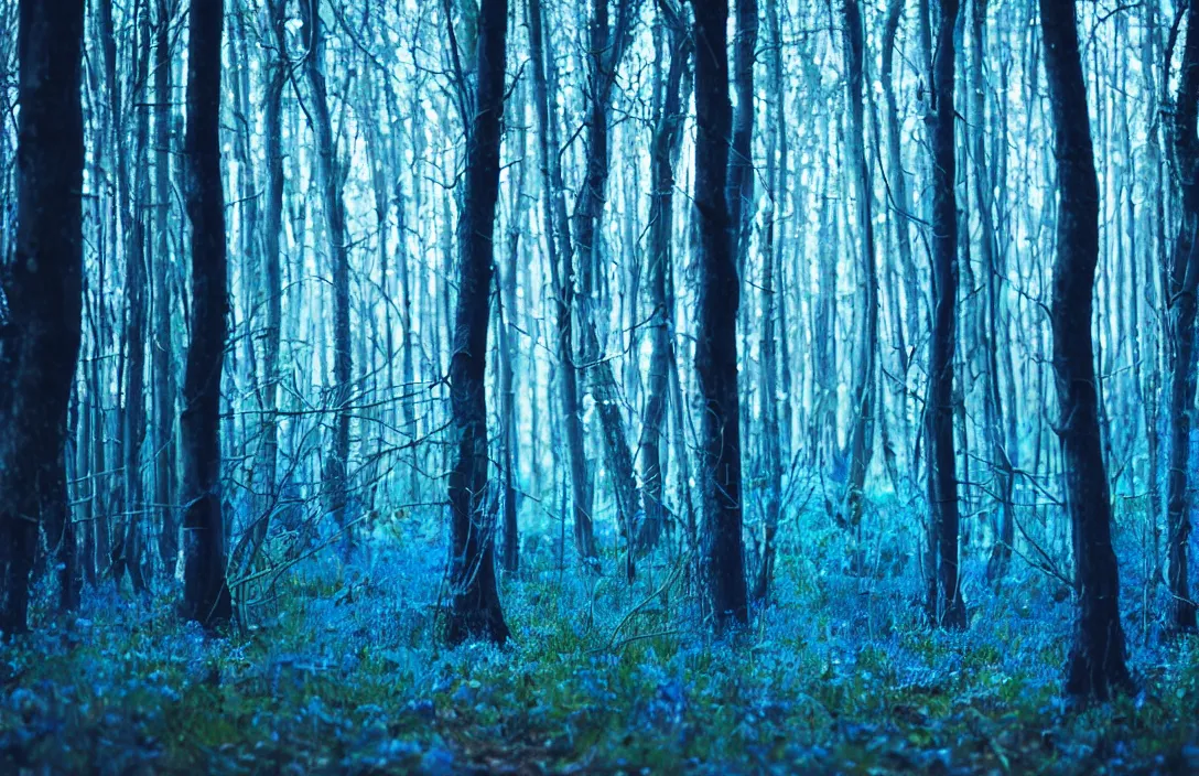 Prompt: blue forest, glowing mushrooms, sigma lens, strong bokeh, photography, highly detailed, 8 5 mm, f / 1. 3, night time, surreal