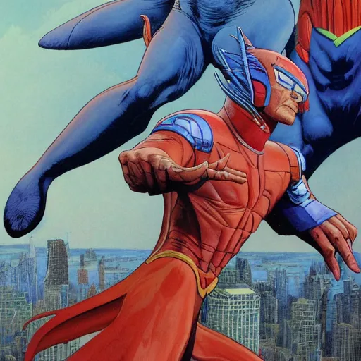 Image similar to jean giraud and moebius and don lawrence and alex ross and john romita jr, gouache and wash paints, smooth focus, sharp details, detailed details, bokeh, 4 k, fine 5 k details, fine details, fine intricate, fine facial proportionate, fine body proportionate / ultraman versus godzilla in city of new york