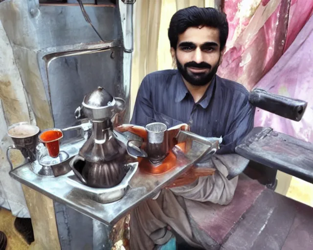 Image similar to chaiwala with a cybernetic hand