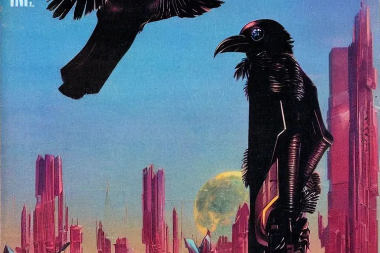 Prompt: 1979 OMNI Magazine Cover of a raven rogue. in cyberpunk style by Vincent Di Fate