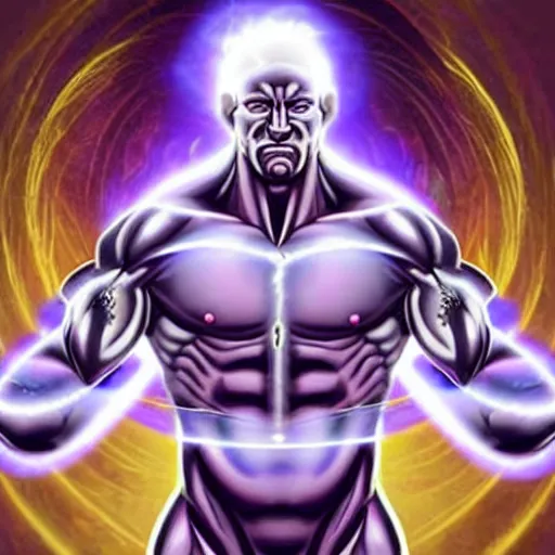 Prompt: a muscular man made of purple energy, wielding two orbs in his hands that are able to manipulate the force of electromagnetism in order to cause chemical changes inside of the orbs.