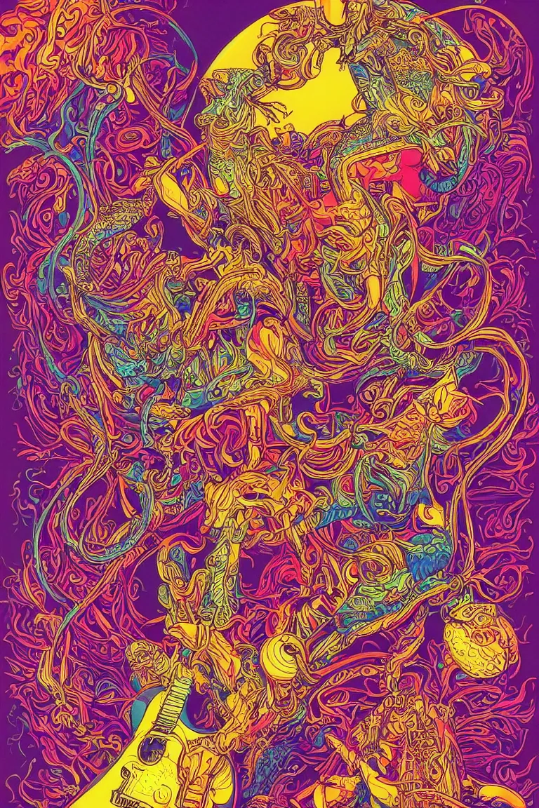 Image similar to beautiful colorful hyperrealist highly detailed psychedelic music poster'ladies and gentleman the electric owls live at the fillmore with their guests lemonade circus ', neo art nouveau, beautiful high contrast colored wood engraving, moebius comic style, shocking detail trending on artstation 8 k