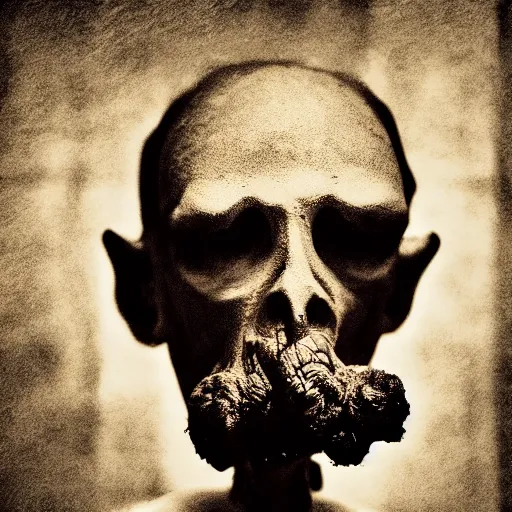 Prompt: a priest with no mouth holding a zombie head, realistic, found footage style, sepia photography