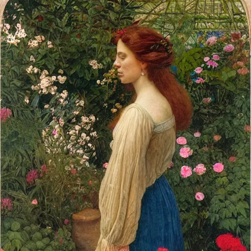 Prompt: Woman in profile looking at Dahl against a background of flowers, she's in a greenhouse, Pre-Raphaelite style