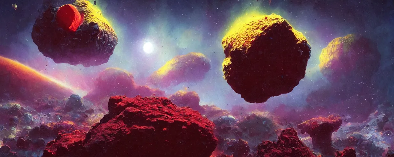 Image similar to ” asteroid made of shiny blood, [ shards, facets, by paul lehr, cinematic, detailed, epic, widescreen, opening, establishing, mattepainting, photorealistic, realistic textures, octane render ] ”