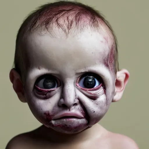 Image similar to soulless baby looking forward, glossy eyes, disfigured, dead appearance, high quality,