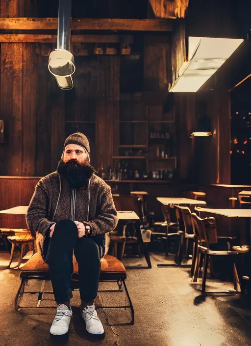 Image similar to Photography of a sad fully bearded man wearing warm clothes, and a huge travel backpack, drinking and smoking , sitting in a bar, full body shot, atmospheric lighting , wide angle lens