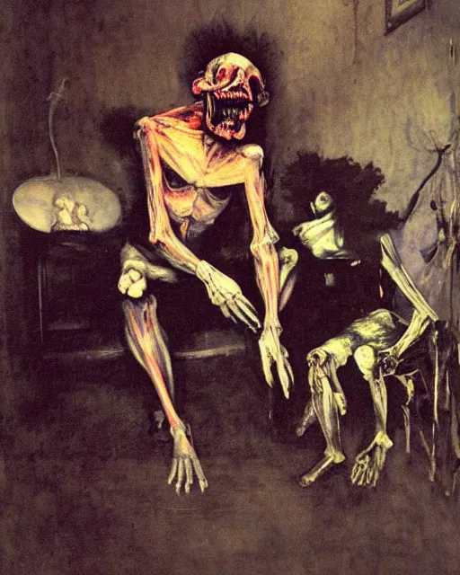 Prompt: dark fleshy figure seated next to another dark angry figure laughing in a messy living room by Francisco Goya and Francis Bacon and James Jean, dark interior room background, mythological painting, oil painting, triadic color scheme, very coherent, Figure laughing seated on a throne made out of bones inside interior room, Beksinski painting, masterpiece, artstation