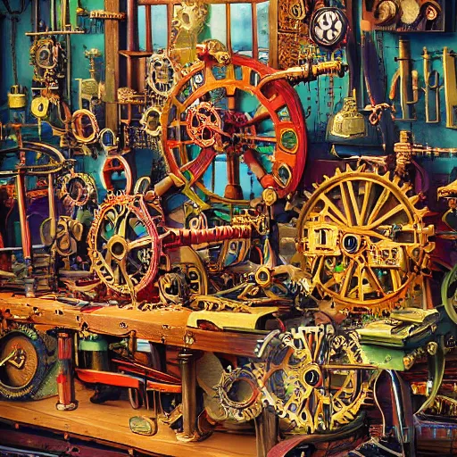 Image similar to A toymakers's workshop with a magical atmosphere + a fantastic time contraption made of brightly painted gears, springs, gauges, clock faces, tubes, steam pipes and bells + sits on a workbench by a large glowing window + by Dean Morrissey, steampunk, 1950s, high detail, dramatic lighting, 8K, wide angle, digital art