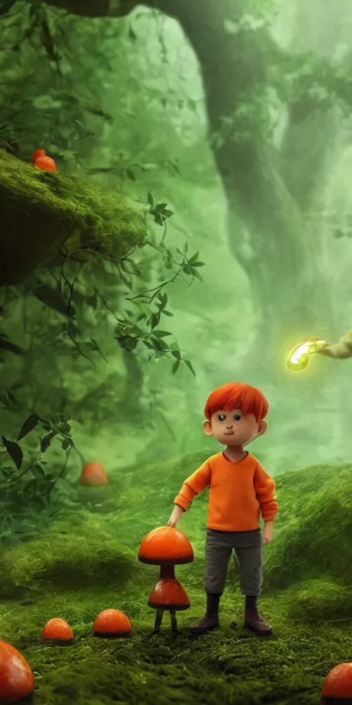 Prompt: a cute, little orange mushroom boy, surrounded by a green forrest, humanly realistic looking, moody , lovecraft, giger, ridley scott, zack snyder, Fenghua Zhong, realistic cinematic lighting, establishing action shot, ultra detailed, hyper realism, photo, octane render