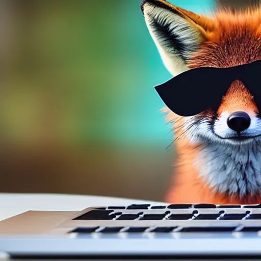 Prompt: photograph of a fox with cool shades using a laptop to debug code