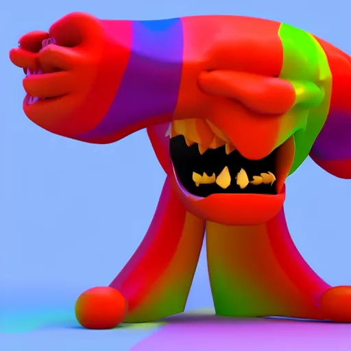 Image similar to 3 d render of a monster made of rainbows, terrifying, beautiful, cringe