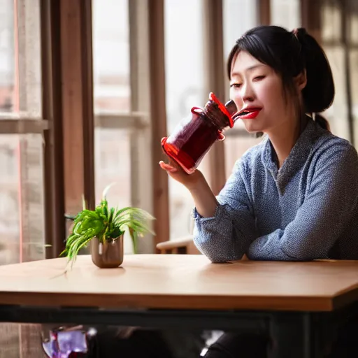 Image similar to chinese woman sitting at a table drinking juice out of a mason jar, award-winning, volumetric lighting, 8k, 4k, highly detailed, cinematic