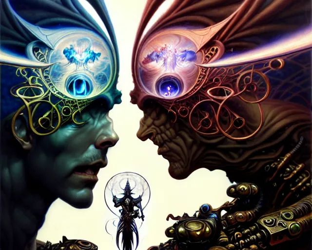 Image similar to the battle between good and evil, fantasy character portrait made of fractals facing each other, ultra realistic, wide angle, intricate details, the fifth element artifacts, highly detailed by peter mohrbacher, hajime sorayama, wayne barlowe, boris vallejo, aaron horkey, gaston bussiere, craig mullins