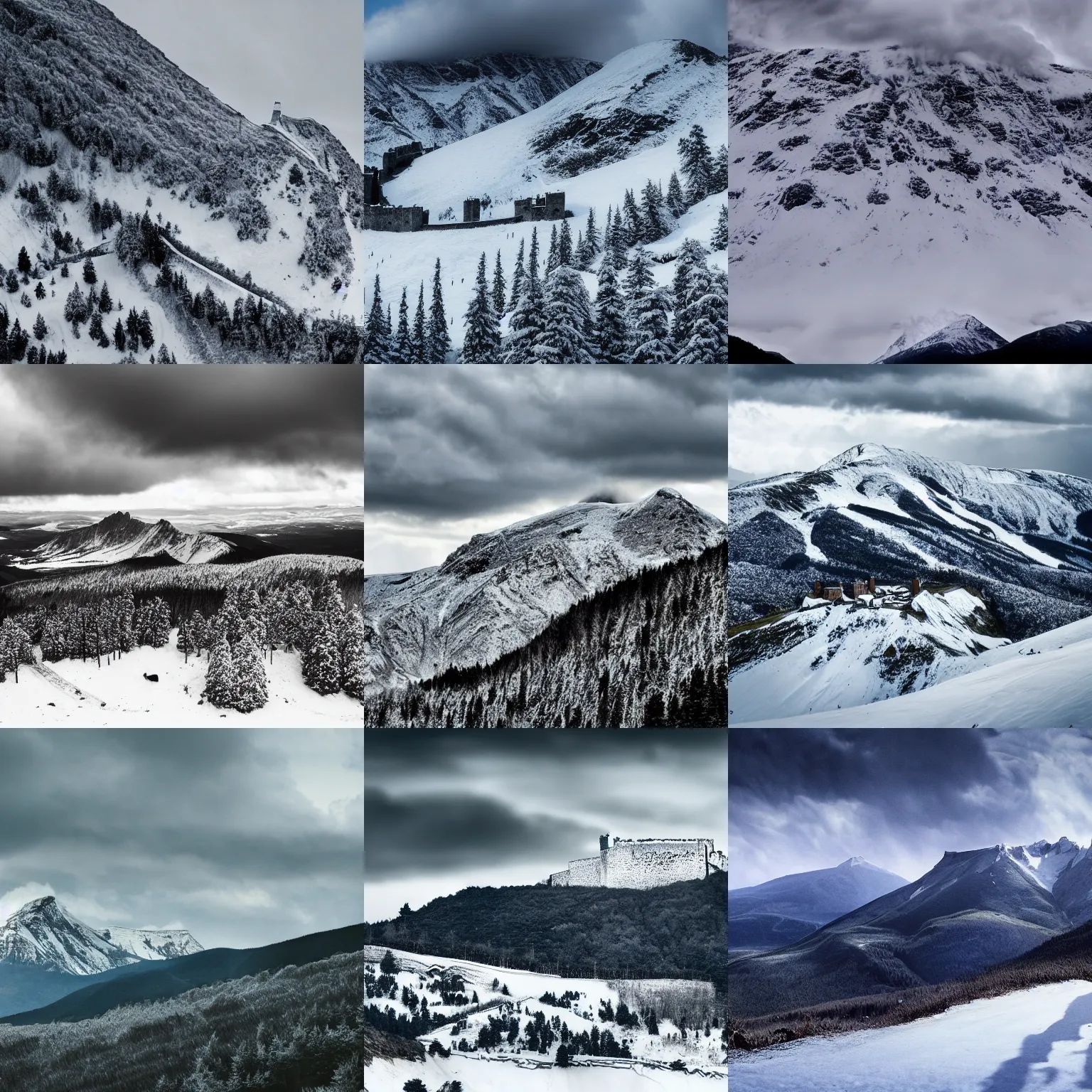 Prompt: Dover Castle, alpine valley, jagged snow capped mountains, taiga, dark clouds, snow, concept art, cinematic, epic wide shot, artstation, sharp focus, smooth, establishing shot, sense of awe