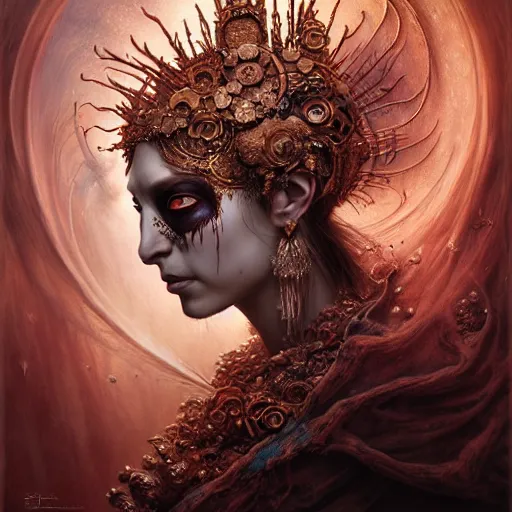 Prompt: a beautiful detailed 3d portrait of female empress of the dead, by ellen jewett, by tomasz alen kopera, by Justin Gerard, ominous, royally decorated, skull, skeleton, whirling smoke, embers, magical realism, texture, intricate, ornate, red adornements, red torn fabric, radiant colors, fantasy, volumetric lighting, high details