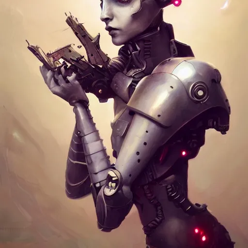 Image similar to portrait rough female cyborg, short white punk hair, wearing futuristic military body armor, art by pete mohrbacher and seb mckinnon and beksinski and josan gonzales, digital art, highly detailed, intricate, sci-fi, sharp focus, Trending on Artstation HQ, deviantart, unreal engine 5, 4K UHD image