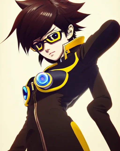 Prompt: Anime as Tracer Overwatch wearing brown leather-coat; wearing mask; wearing yellow tight fit pants || cute-fine-face, pretty face, realistic shaded Perfect face, fine details. Anime. realistic shaded lighting poster by Ilya Kuvshinov katsuhiro otomo ghost-in-the-shell, magali villeneuve, artgerm, Jeremy Lipkin and Michael Garmash and Rob Rey as Overwatch Tracer cute smile