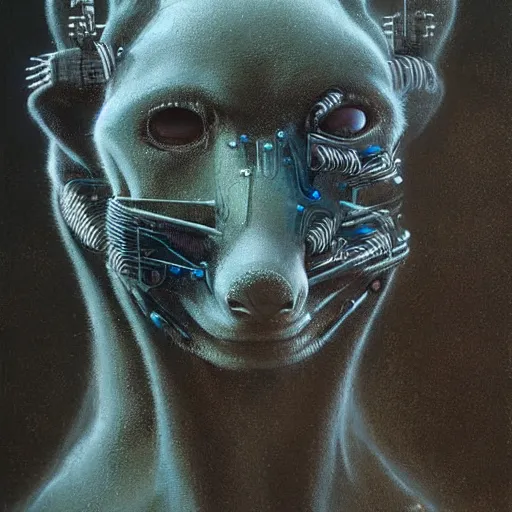 Image similar to hyena robot, cyberpunk, highly detailed quadrupedal cyborg, beksinski style, very detailed painting