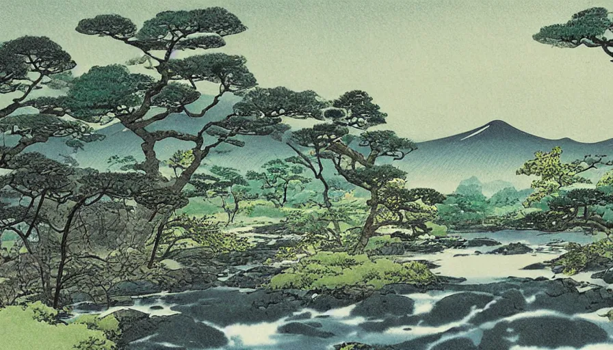 Prompt: a peaceful japanese countryside with a stream running through, art by hiroshi yoshida