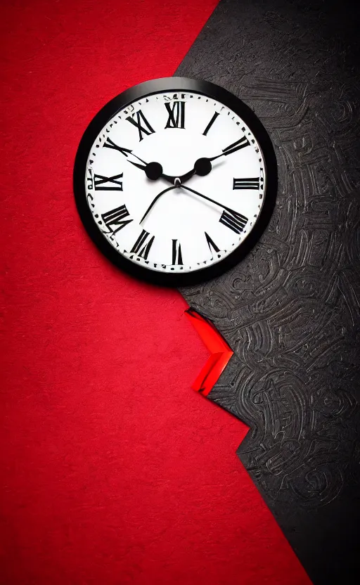 Image similar to a melting Roman numeral clock, behind a red and black gradient background, awith a black heart shaped on the top left corner and a black diamond card shape in the bottom right corner, dynamic lighting, photorealistic fantasy concept art, trending on art station, stunning visuals, cinematic, creative, ultra detailed