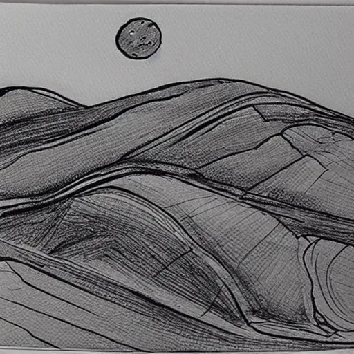 Prompt: a black pen sketch of a martian landscape, beginner, intermediate art, anatomy, paper art