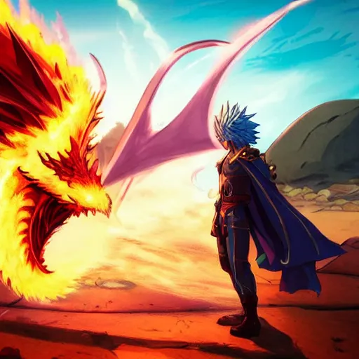 Image similar to dragon spits fire on a blue knight holding a gold sword, a green hatchback car is nearby, low wide angle, anime, desert landscape, greg rutkowski, Murata, one punch man manga,