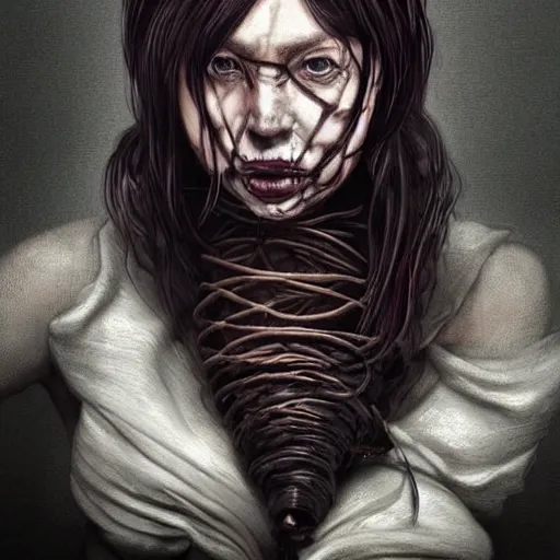 Image similar to portrait of a Shibari rope wrapped face and neck, headshot, insanely nice professional hair style, dramatic hair color, digital painting, of a old 15th century, old cyborg merchant, amber jewels, baroque, ornate clothing, scifi, realistic, hyperdetailed, chiaroscuro, concept art, art by Franz Hals and Jon Foster and Ayami Kojima and Amano and Karol Bak,