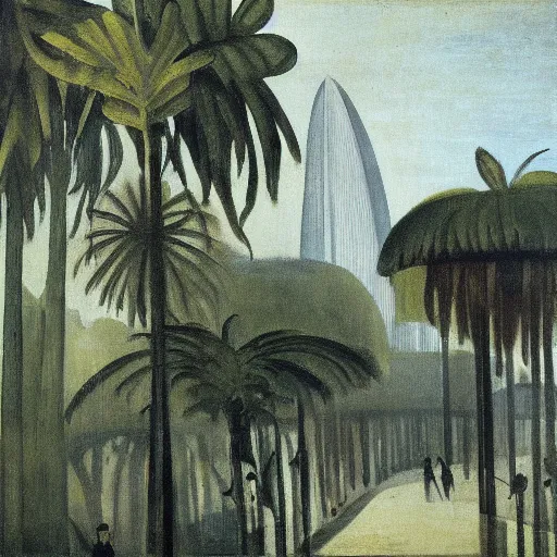 Prompt: London with tropical plants, painted by Lowry