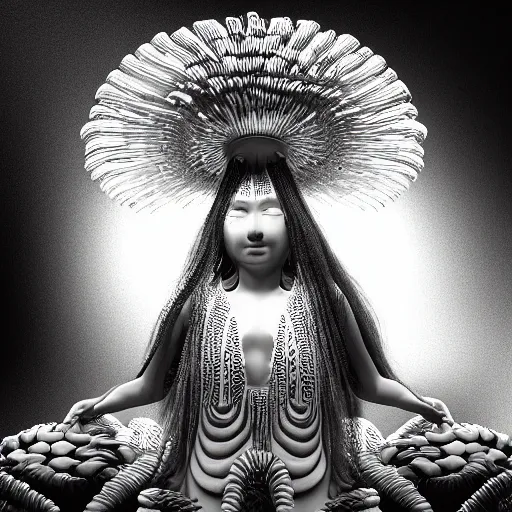 Image similar to mushroom goddess with extremely elegant headdress with group of elders in a ceremony for plant medicine, beautiful, hiroya oku, yoshitaka amano, alex grey, black and white, beautiful lighting, cinematic still, quantum gravity 3 d render, 8 k