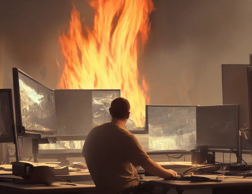 Image similar to a man sit at a workstation in a big office and looks at the burning fires, close up, featured in artstation, intricate, ultra detailed, unreal engine, concept art, wide - angle lens, sharp focus, illustration, 8 k