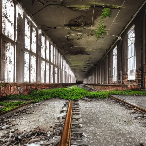 Prompt: derelict train station, cracked walls, dust, dirt, moss, messy, fog, hyperdetailed, 4 k