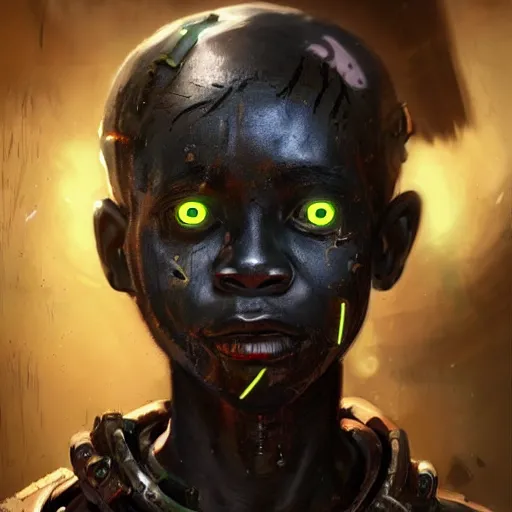Image similar to a dark and ominous cyborg african child soldier with glowing eyes and facial scarification marks, Apex Legends character digital illustration portrait design, by android jones and greg rutkowski in a cyberpunk voodoo style, detailed, cinematic lighting, wide angle action dynamic portrait