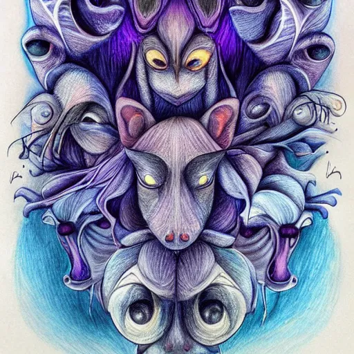 Prompt: insane by bess hamiti blue - violet. a beautiful drawing of a group of creatures that looks like a mix of different animals. most of the creatures have human - like features, such as arms & legs, & some are standing upright while others are crawling or flying.