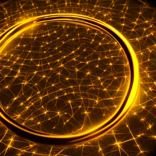 Image similar to a powerful magic golden ring, black background, magical glow, octane render,