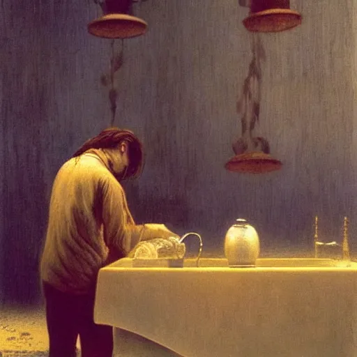 Image similar to Johny Depp washing dishes by Zdzislaw Beksinski