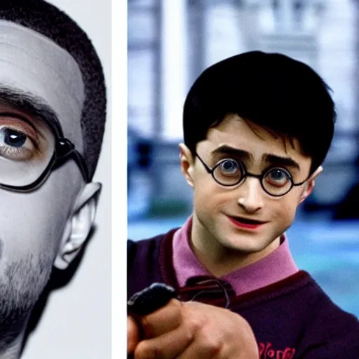 Prompt: Daniel Radcliffe as Harry Potter next to Will Smith in Fresh Prince of Bell Air